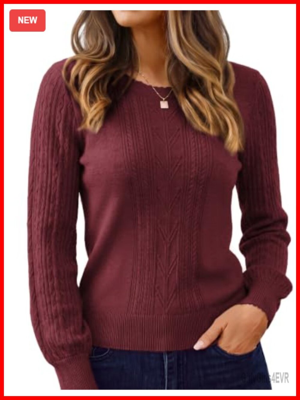 Wool Blend Cable Knit Crew Neck Pullover Sweater